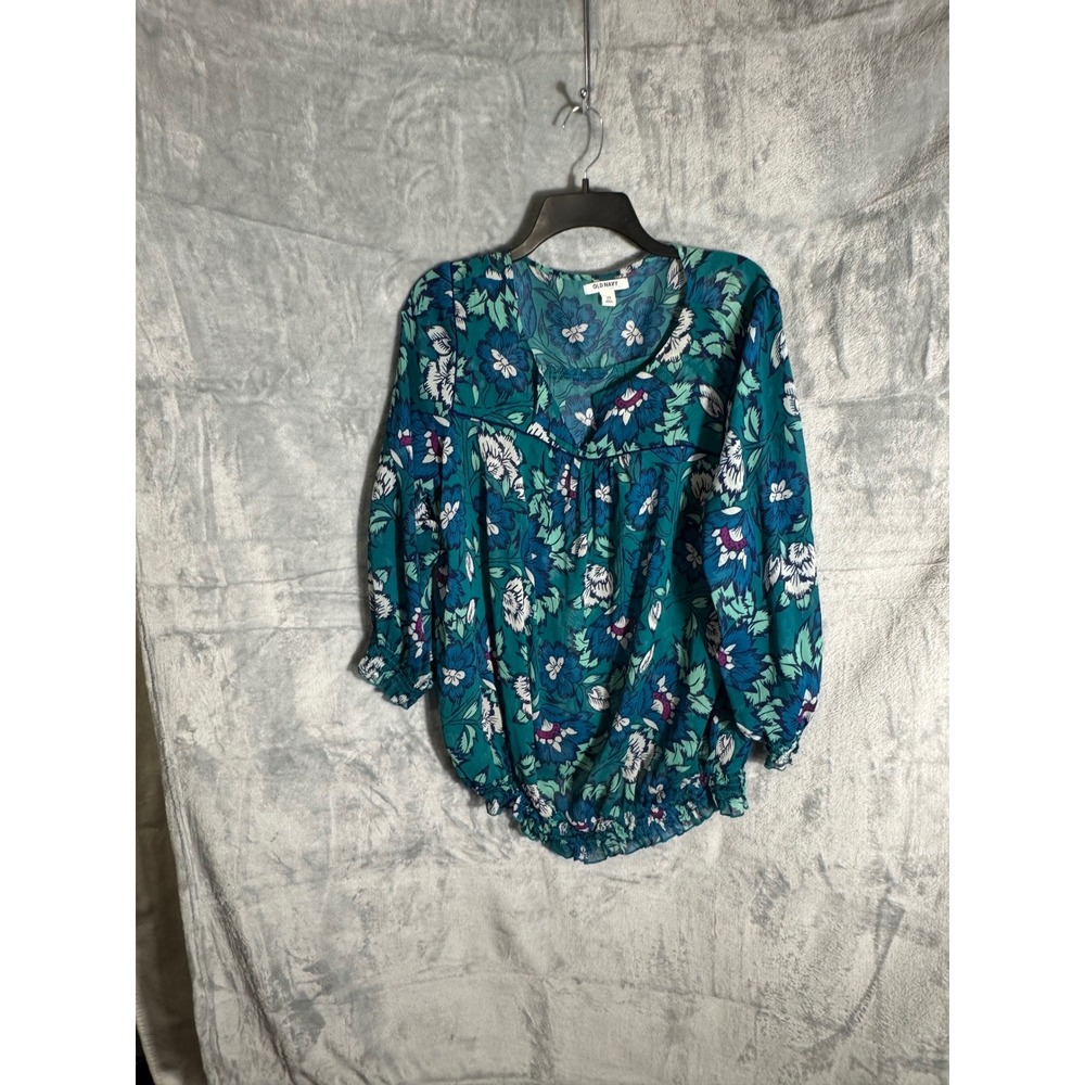 Old Navy Plus Size 2X Floral Blouse Teal Blue Smocked Hem 3/4 Sleeve V-Neck Top‎